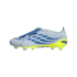 A side profile view of a light blue soccer cleat with royal blue accents and a bright yellow sole against a black background. The boot features a blue fold-over tongue and a textured upper with wavy blue patterns. The yellow soleplate includes several cle