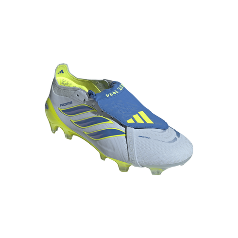 A light gray and blue Adidas Predator soccer cleat featuring a blue fold-over tongue and bright yellow accents on the heel and studs, shown from a three-quarter angle against a black background.