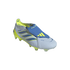 A light gray and blue Adidas Predator soccer cleat featuring a blue fold-over tongue and bright yellow accents on the heel and studs, shown from a three-quarter angle against a black background.