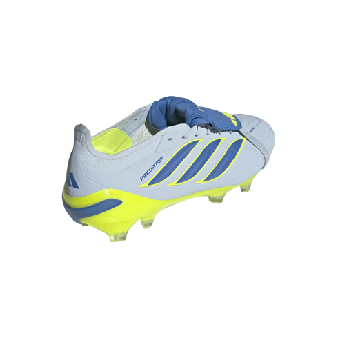 A side-rear view of a light grey Adidas Predator soccer cleat with bright yellow accents, blue stripes, and a blue fold-over tongue, shown against a solid black background.