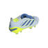 A side-rear view of a light grey Adidas Predator soccer cleat with bright yellow accents, blue stripes, and a blue fold-over tongue, shown against a solid black background.