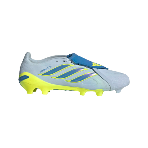 A side-profile view of an Adidas Predator soccer cleat against a black background, featuring a light blue upper, vibrant neon yellow sole, and three iridescent blue stripes with a blue fold-over tongue.