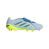 A side-profile view of an Adidas Predator soccer cleat against a black background, featuring a light blue upper, vibrant neon yellow sole, and three iridescent blue stripes with a blue fold-over tongue.