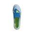 Top-down view of a light blue Adidas Predator soccer cleat with a blue fold-over tongue, yellow accents, and a lime green interior, isolated on a black background.