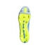 A bottom-up view of a neon yellow and light gray soccer cleat against a black background, showcasing the blue studs and a central blue element with "POWERSPINE" text.