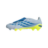 A side-profile view of a light grey Adidas soccer cleat with blue accents and a neon yellow sole, featuring a blue fold-over tongue and an elastic strap.