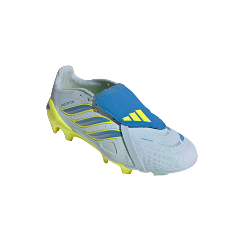 A side view of a light grey Adidas Predator soccer boot featuring a bright blue fold-over tongue with yellow stripes and a yellow sole plate, set against a black background.