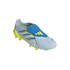 A side view of a light grey Adidas Predator soccer boot featuring a bright blue fold-over tongue with yellow stripes and a yellow sole plate, set against a black background.