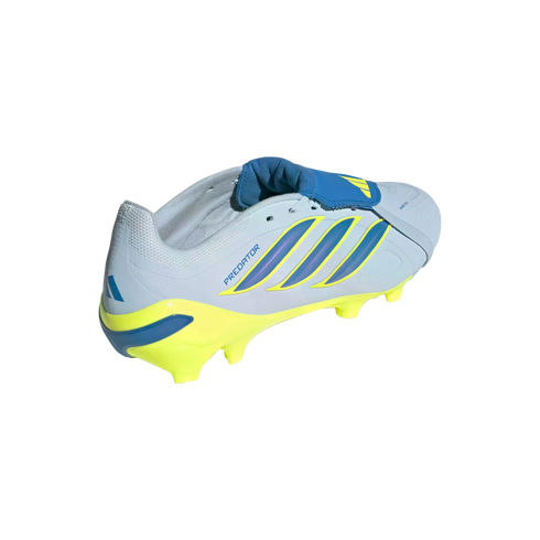 A rear-quarter view of a light blue and yellow Adidas Predator soccer cleat against a black background.