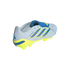 A rear-quarter view of a light blue and yellow Adidas Predator soccer cleat against a black background.