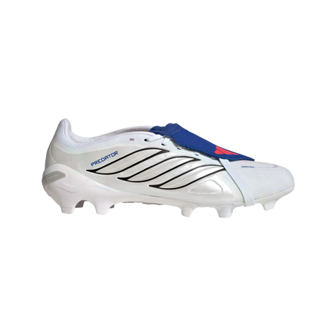 A white Adidas Predator soccer cleat with black stripes and a blue fold-over tongue, shown in profile against a black background.