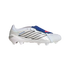 A white Adidas Predator soccer cleat with black stripes and a blue fold-over tongue, shown in profile against a black background.