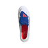 Top-down view of a white Adidas soccer cleat featuring a prominent blue lace cover with orange stripes and a bright red interior.