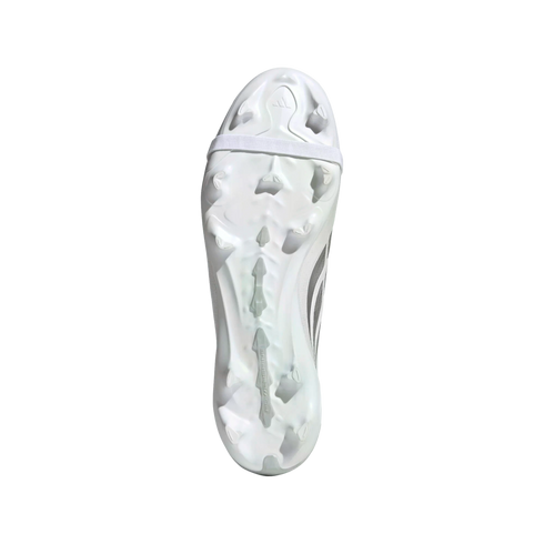 Bottom view of a white soccer cleat featuring a white elastic strap and greyish studs, set against a solid black background.