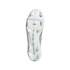 Bottom view of a white soccer cleat featuring a white elastic strap and greyish studs, set against a solid black background.