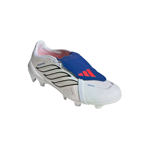 A white Adidas Predator soccer cleat with black stripes and a blue fold-over tongue featuring a red logo, shown against a black background.