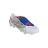 A white Adidas Predator soccer cleat with black stripes and a blue fold-over tongue featuring a red logo, shown against a black background.