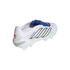 White Adidas Predator soccer cleat with black stripes and a blue tongue strap, shown on a black background.