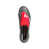 Top-down view of a grey Adidas Predator soccer cleat featuring a prominent red fold-over tongue with white stripes, set against a black background.