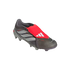 Grey and silver Adidas Predator soccer boot featuring a prominent red fold-over tongue with white logo, isolated on a black background.