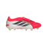 Side profile of an Adidas Predator soccer cleat featuring a white and pink upper, three black stripes, and a fold-over tongue.