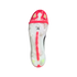 The bottom of a white Adidas soccer cleat with pink and lime green accents, showcasing the stud pattern and power spine on a black background.