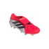 A pink and white Adidas Predator soccer cleat with a fold-over tongue and black stripes, displayed against a black background.