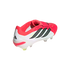 A white and bright pink Adidas Predator soccer cleat with black stripes, shown from a rear side angle on a black background.