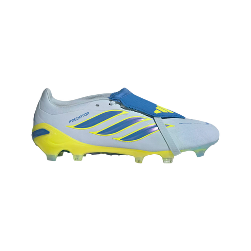 A lateral profile view of an Adidas Predator soccer cleat featuring a pale blue upper, a bright yellow studded soleplate, and three iridescent blue stripes outlined in yellow. A dark blue fold-over tongue with a yellow logo is held in place by a light blu