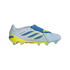 A lateral profile view of an Adidas Predator soccer cleat featuring a pale blue upper, a bright yellow studded soleplate, and three iridescent blue stripes outlined in yellow. A dark blue fold-over tongue with a yellow logo is held in place by a light blu
