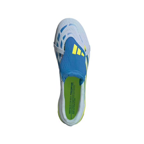 A top-down view of a light blue Adidas Predator soccer cleat, featuring a prominent blue fold-over tongue with yellow stripes and a bright yellow insole with printed text.