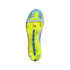 A studio shot from a top-down perspective of the bright yellow and translucent blue soleplate of an Adidas soccer cleat against a black background. The soleplate features various studs, a blue Adidas logo, a light grey band across the forefoot, and a blue