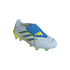 A light gray Adidas Predator soccer cleat featuring three yellow and blue side stripes, a blue fold-over tongue with a yellow logo, and yellow studs, set against a solid black background.