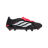 Side profile of a black Adidas Predator soccer cleat featuring white stripes and a red fold-over tongue with an elastic strap.