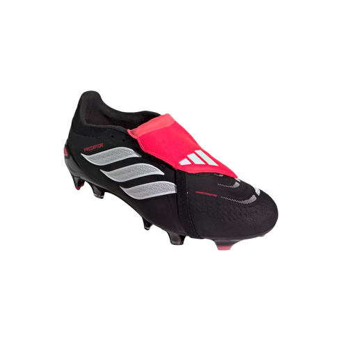 Black Adidas Predator soccer boot featuring white stripes and a bright pink fold-over tongue.