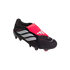 Black Adidas Predator soccer boot featuring white stripes and a bright pink fold-over tongue.