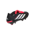 A black Adidas Predator soccer cleat featuring white stripes and red accents is shown from a rear-lateral angle on a black background.