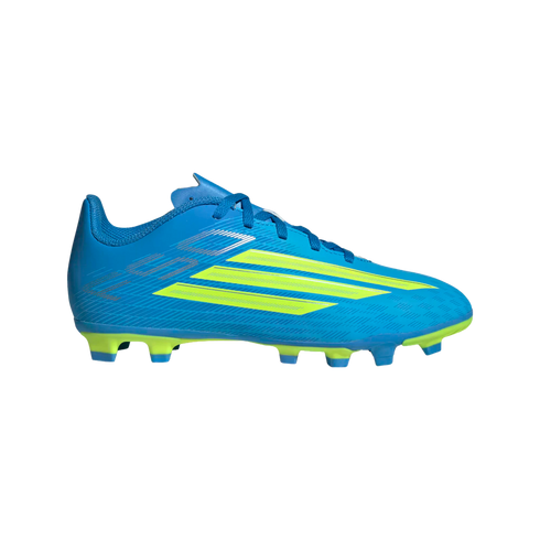 A profile view of a bright blue Adidas soccer cleat against a black background. The shoe features three diagonal neon yellow stripes on the side and a neon yellow sole with blue studs.