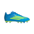 A profile view of a bright blue Adidas soccer cleat against a black background. The shoe features three diagonal neon yellow stripes on the side and a neon yellow sole with blue studs.