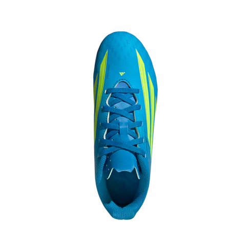 A top-down view of a bright blue Adidas soccer cleat centered against a solid black background. The shoe features neon yellow-green accents, including three diagonal stripes on the sides and a small logo near the base of the matching blue laces.