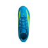 A top-down view of a bright blue Adidas soccer cleat centered against a solid black background. The shoe features neon yellow-green accents, including three diagonal stripes on the sides and a small logo near the base of the matching blue laces.
