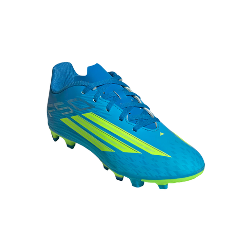 A bright blue Adidas F50 soccer cleat with lime green stripes and a matching lime green spiked sole.
