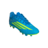 A bright blue Adidas F50 soccer cleat with lime green stripes and a matching lime green spiked sole.