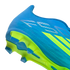A close-up, side-angle view of the heel and sole of a bright blue soccer cleat against a black background. The shoe features lime green accents, including three diagonal stripes and a vibrant green soleplate with blue triangular studs. Silver graphic line