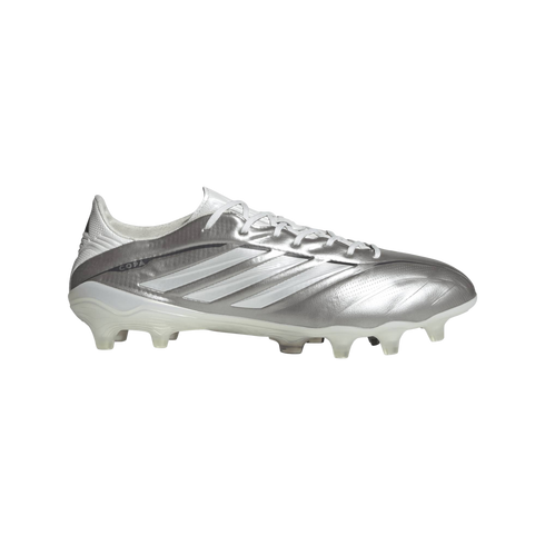 A side profile of a metallic silver Adidas Copa soccer cleat with white stripes and laces, set against a solid black background.