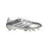 A side profile of a metallic silver Adidas Copa soccer cleat with white stripes and laces, set against a solid black background.