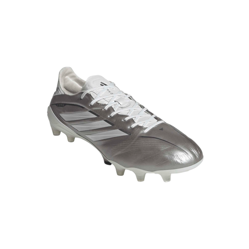 A metallic silver Adidas Copa soccer cleat with white laces and three stripes, shown from a side angle against a solid black background.