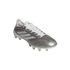 A metallic silver Adidas Copa soccer cleat with white laces and three stripes, shown from a side angle against a solid black background.