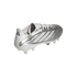 A rear three-quarter view of a metallic silver and white Adidas Copa soccer cleat with white laces and clear studs against a solid black background.