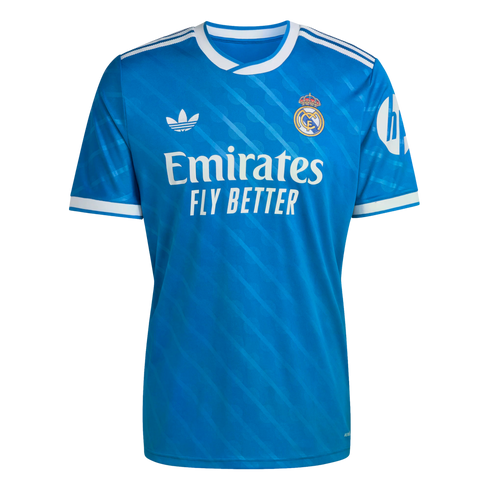 Bright blue Real Madrid soccer jersey with white Adidas trefoil logo, club crest, and "Emirates FLY BETTER" sponsor across the chest.